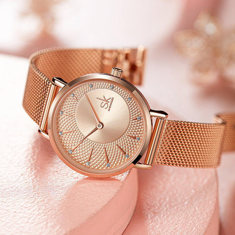 SK Women’s Quartz Watch – Diamond Dial Stainless Steel Mesh Fashion Timepiece