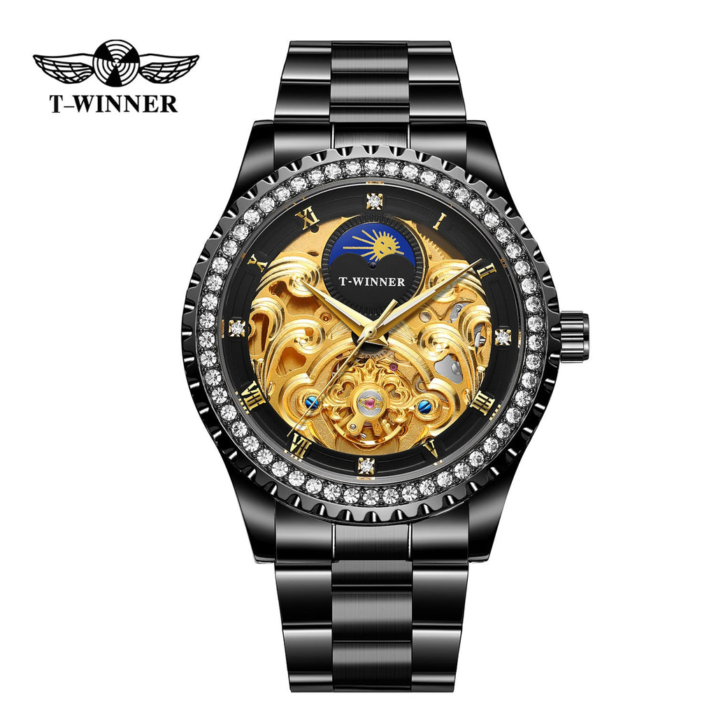 T-Winner Men’s Skeleton Automatic Mechanical Watch – Rhinestone Bezel, Fashion Timepiece