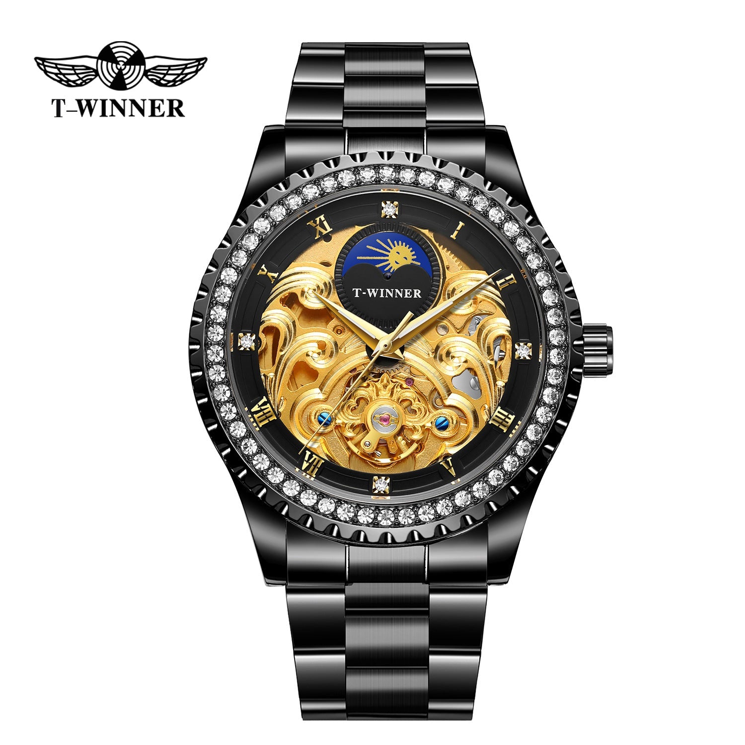 T-Winner Men’s Skeleton Automatic Mechanical Watch – Rhinestone Bezel, Fashion Timepiece