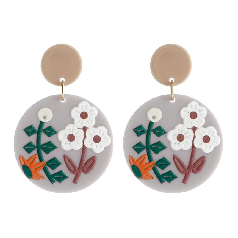 Retro Round Acrylic Plate Flower Earrings – Embossed Print