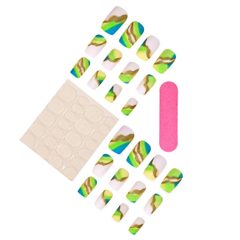 Wearable Fluorescent Green Nail Tips – Gold Edge Gradient Nail Art Patches