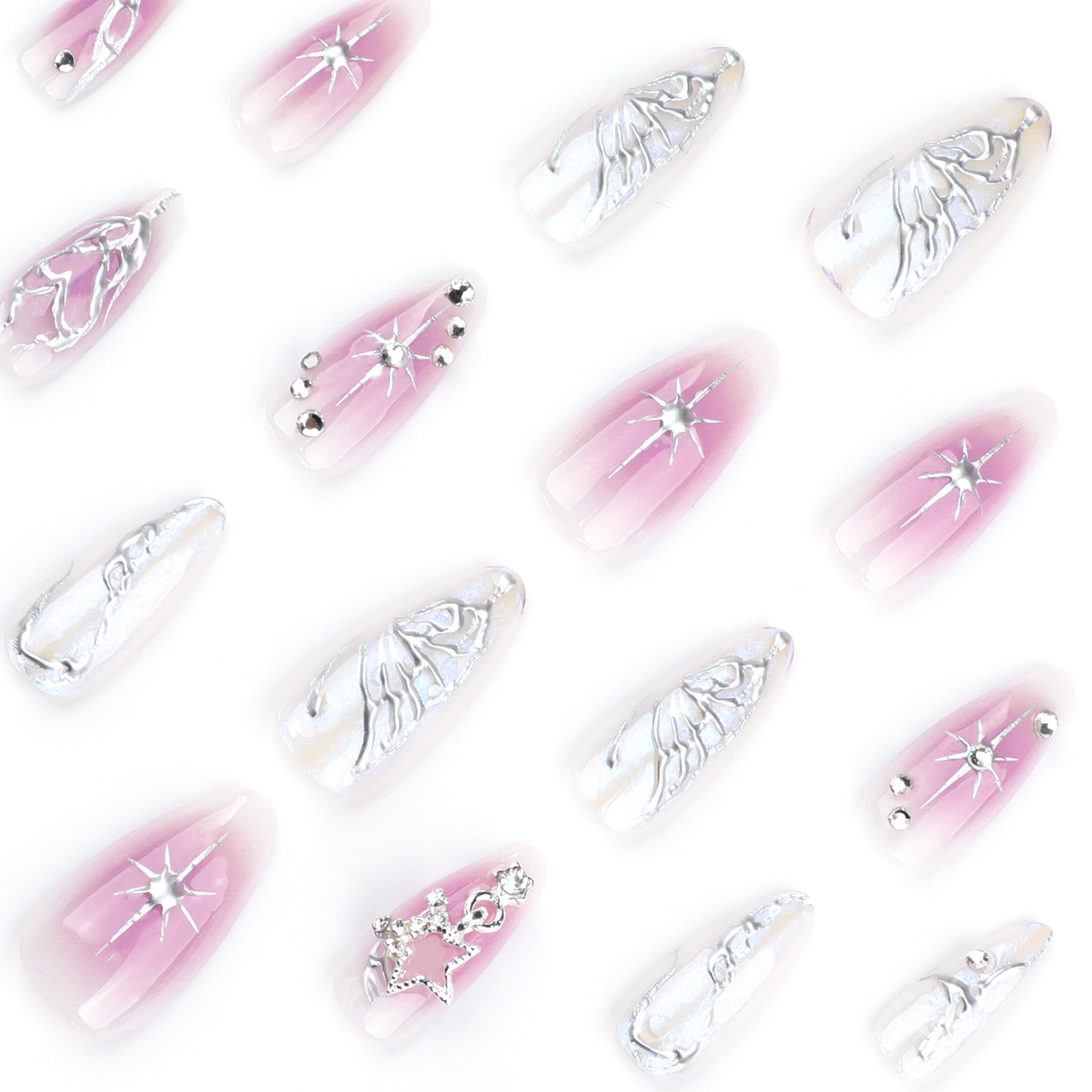 Glossy 3D Star Coffin Press-On Nails – Long Pink White Gradient False Nails