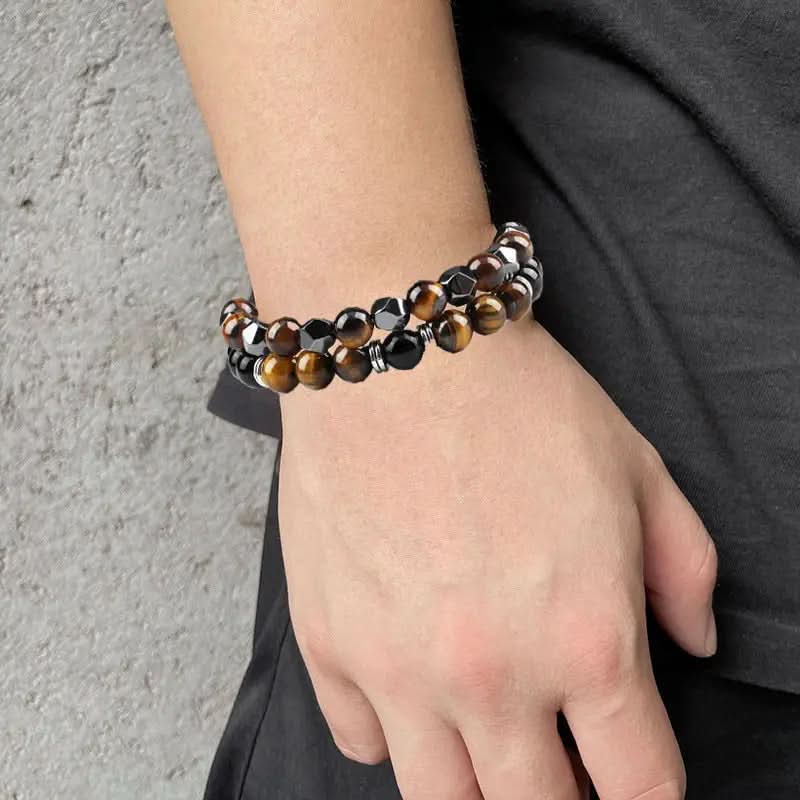 Natural Tiger Eye & Black Agate Beaded Bracelet Set