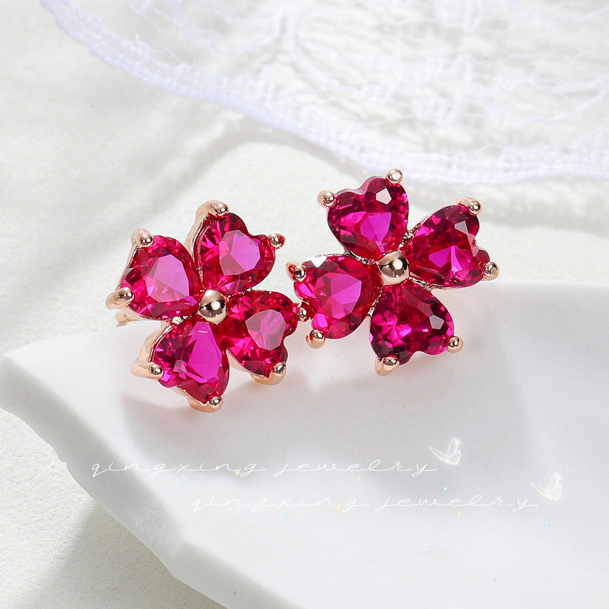 Red Corundum Heart Star Earrings – Luxury Korean Style Women’s Jewelry