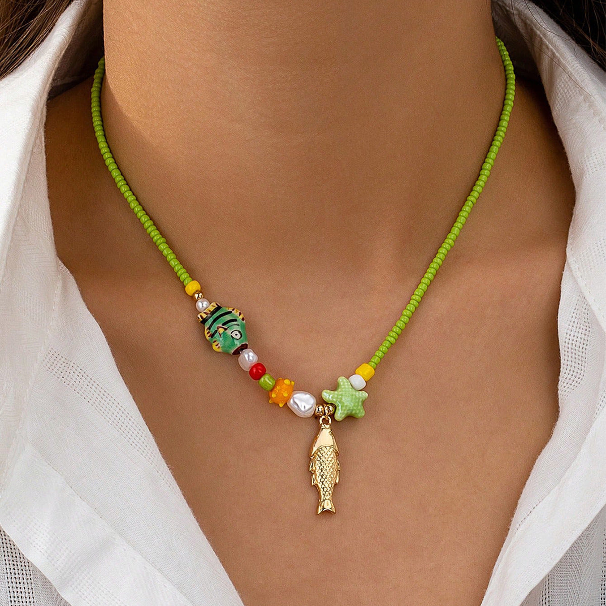 Bohemian Glass Bead Necklace – Fish & Starfish Pendant Beach Jewelry for Women