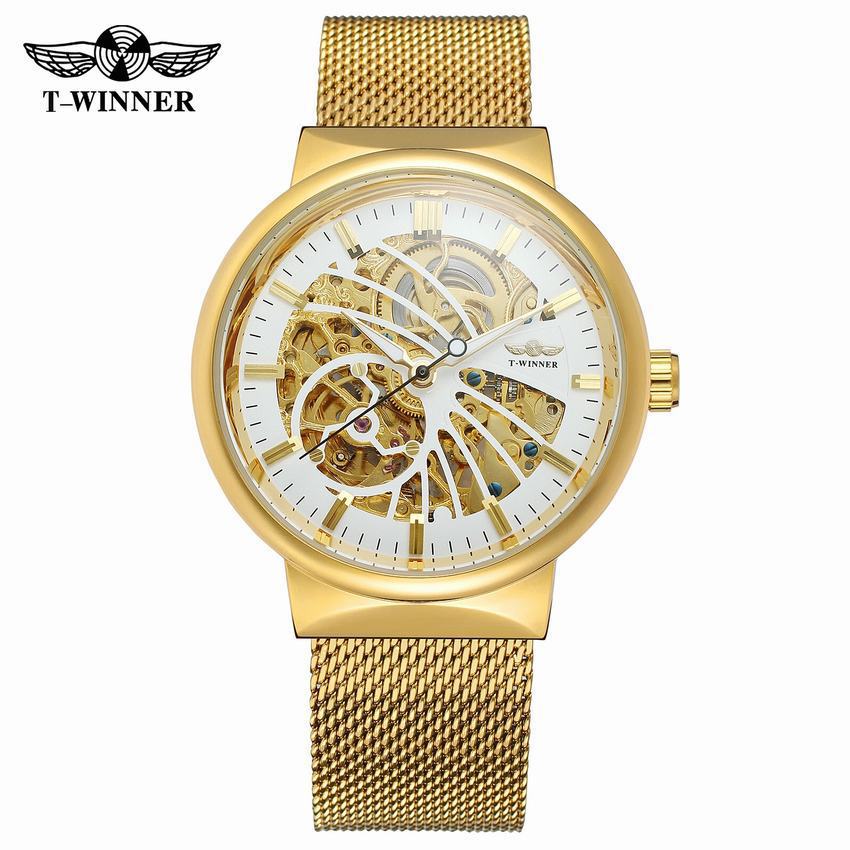 T-WINNER Automatic Mechanical Watch for Men – Mesh Strap, Waterproof Skeleton Design