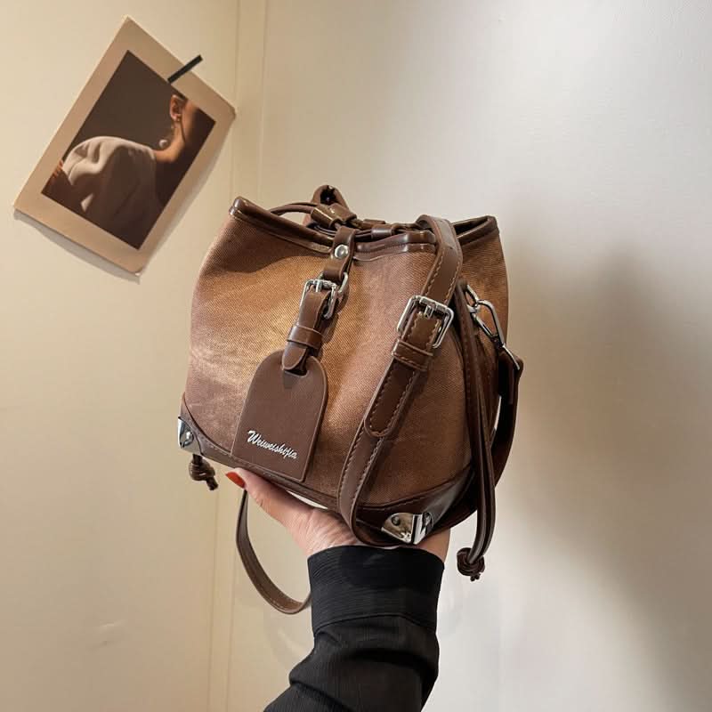 Women's Retro Leather Drawstring Shoulder Bag for Everyday Style