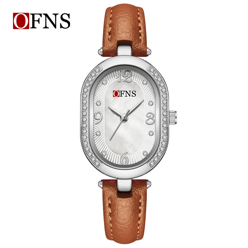 OFNS Diamond Oval Quartz Watch – Waterproof Watch for Women with Leather Strap