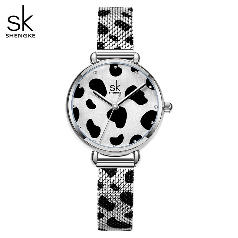 SK Women’s Quartz Watch – Leopard Print Mesh Strap, Slim Waterproof Fashion Design