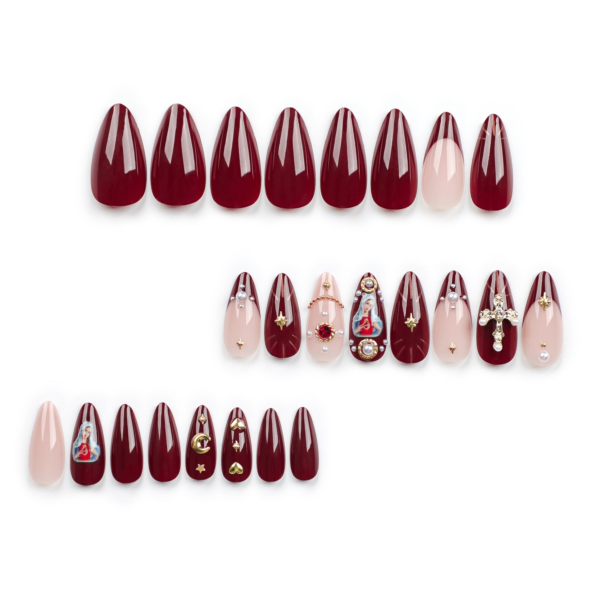 Religious-Themed Press-On Nails – Long 3D Cross & Moon Design Acrylic Nail Set