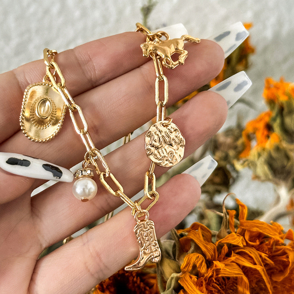 Retro Cowboy Hat & Boots Pendant Necklace – Western Style Pearl Chain for Women