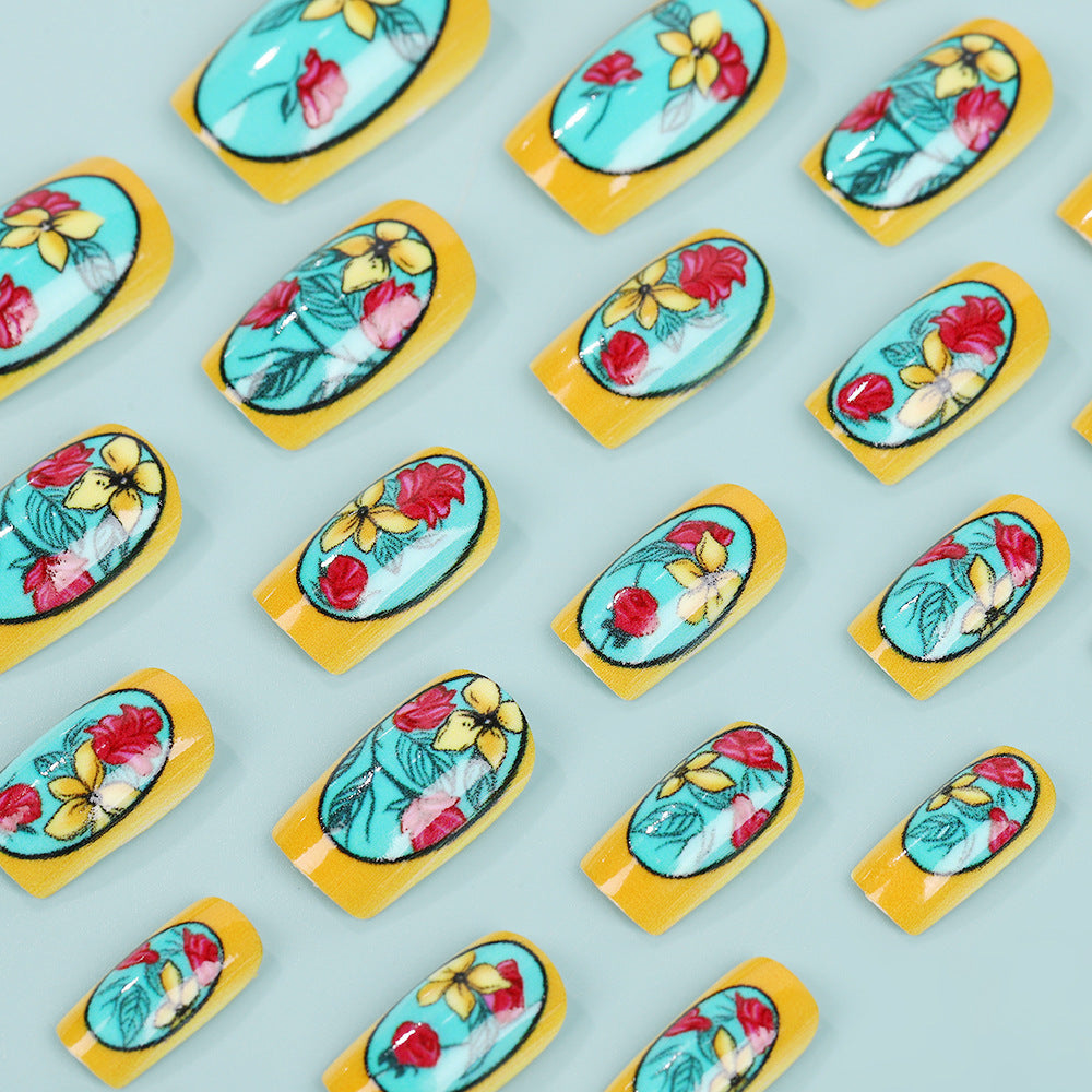 Bold Floral Square Press-On Nails – Long Acrylic False Nails with Yellow & Teal Design