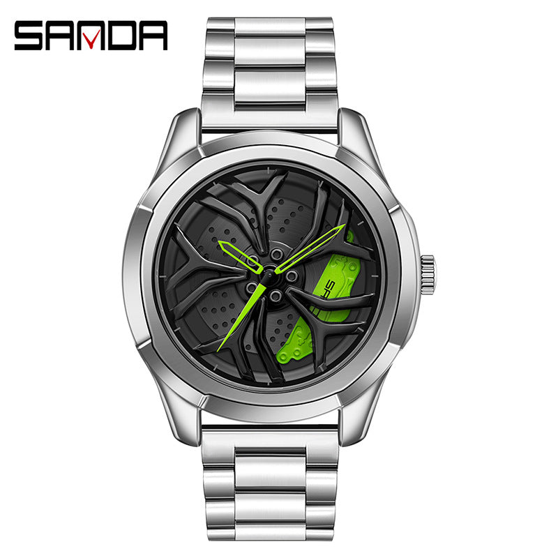 Sanda Men's Quartz Watch – Hollow Wheel Dial, Stainless Steel Strap, Waterproof Timepiece