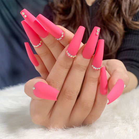 Pink Long Ballet Press-On Nails – 24-Piece Rhinestone Nail Art Set