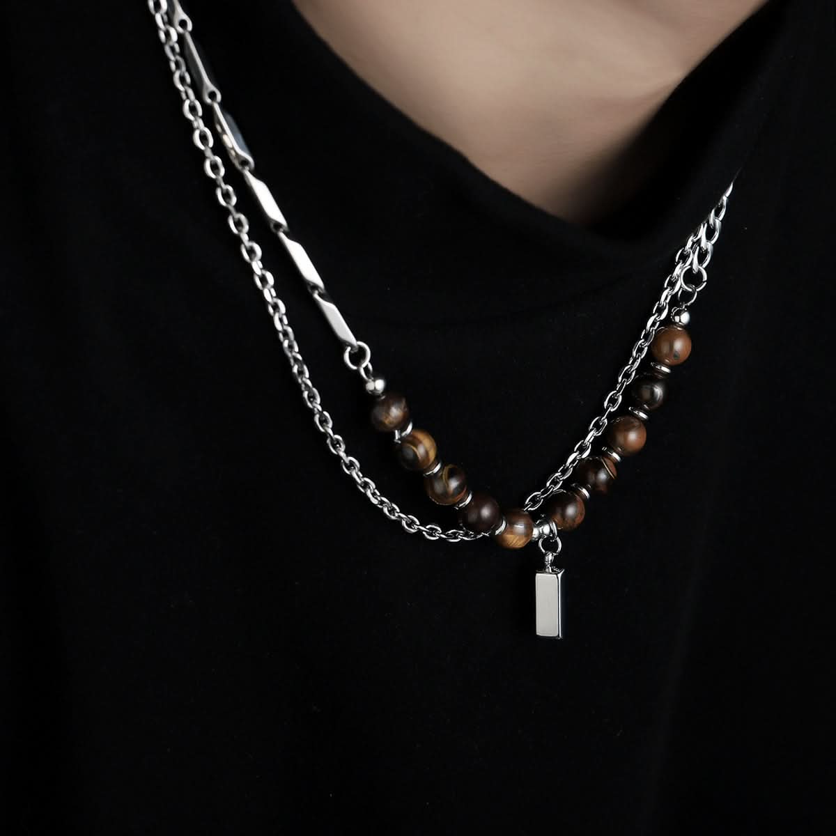 Men’s Tiger Eye Stone Necklace – Geometric Square Pendant