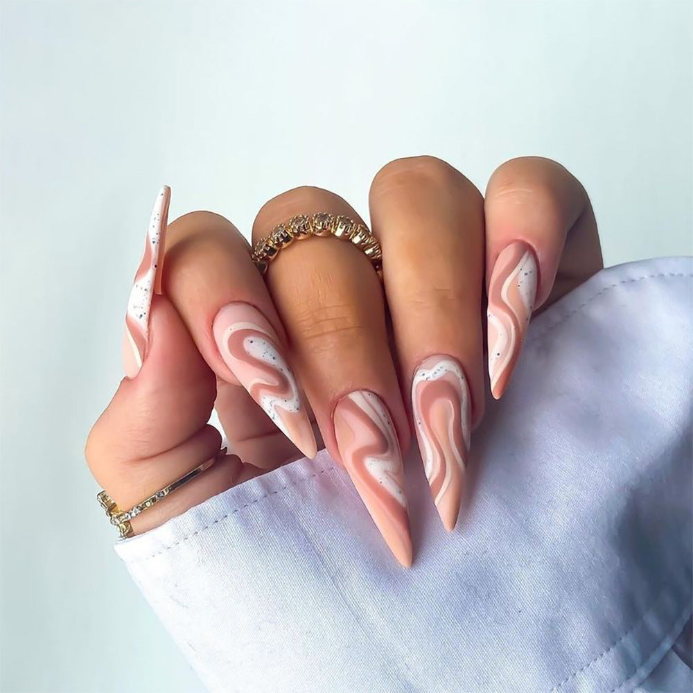 Trendy Marble Stiletto Press-On Nails – Long Nude, White & Pink Acrylic Nails