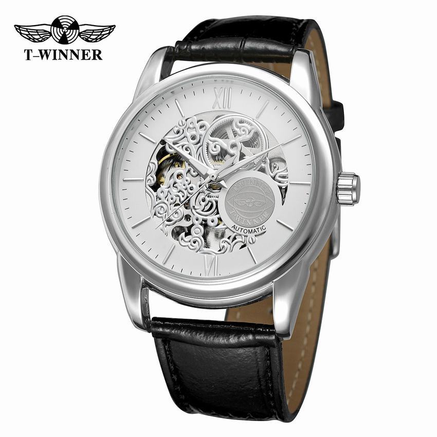 T-WINNER Hollow Automatic Mechanical Watch for Men – Leather Strap Fashion Timepiece