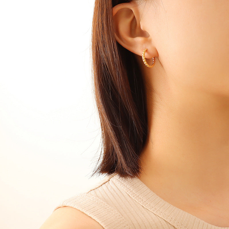 Embossed Round Hoop Earrings for Women – Titanium Steel Geometric Jewelry