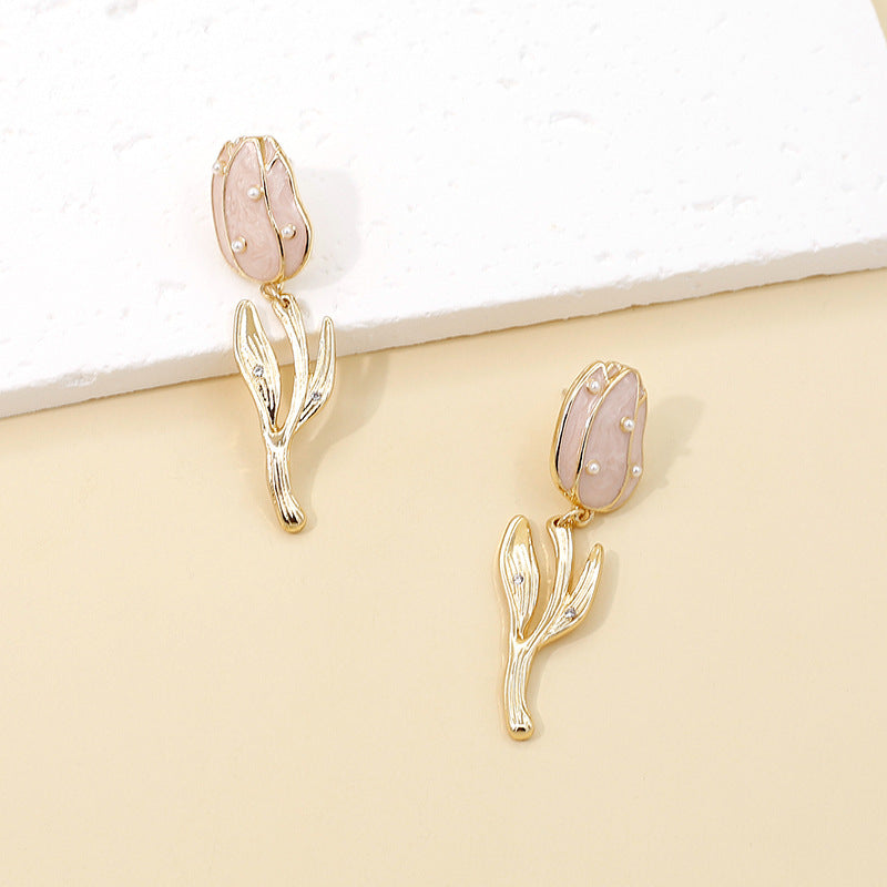 Women’s Retro Tulip Pearl Earrings – Alloy Diamond Drop Jewelry