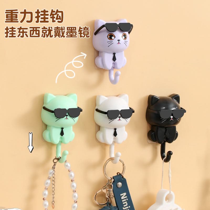 Cute Black Cat Wall Hook – No-Drill Adhesive Key Holder, Rotating Eyes