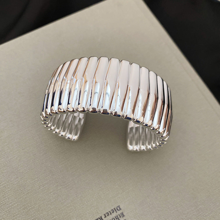 Minimalist Geometric Cuff Bracelet – Pleated Wide Open-Ended  Bangle Women’s Jewelry
