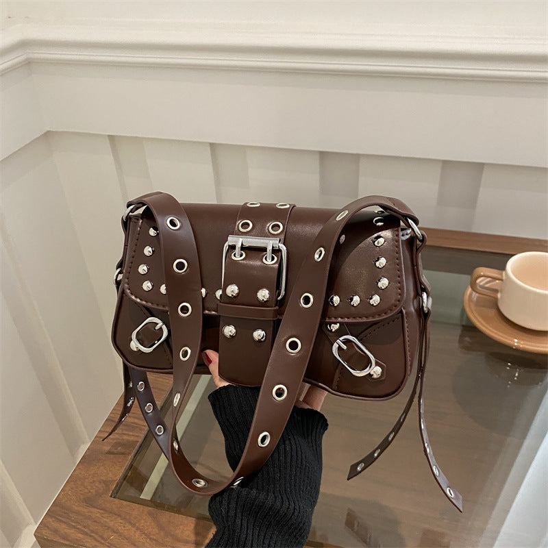 Women’s Rivet Baguette Bag – PU Leather Motorcycle Shoulder Street Style Handbag
