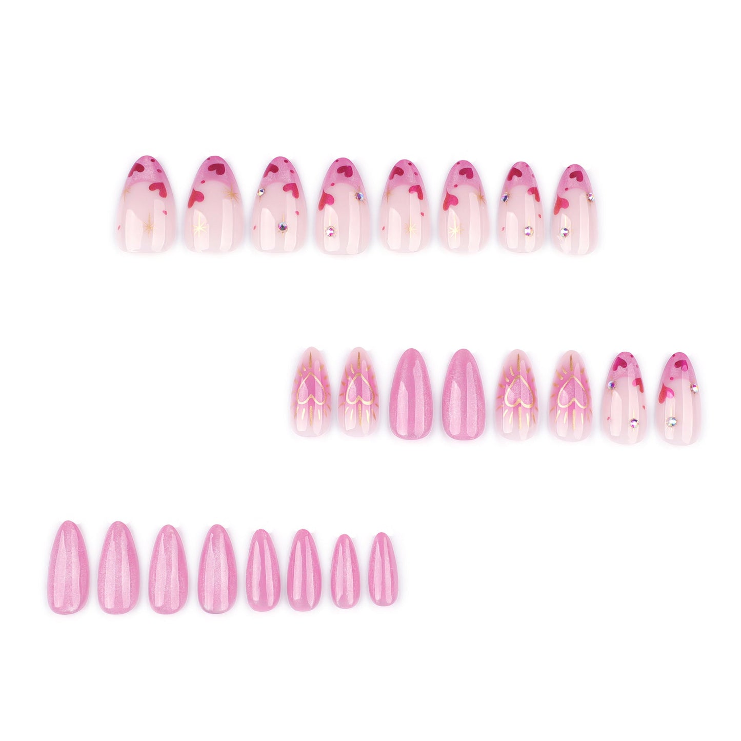 Romantic Pink Press-On Nails – Almond Shape with Glitter Hearts & Cat Eye Shine