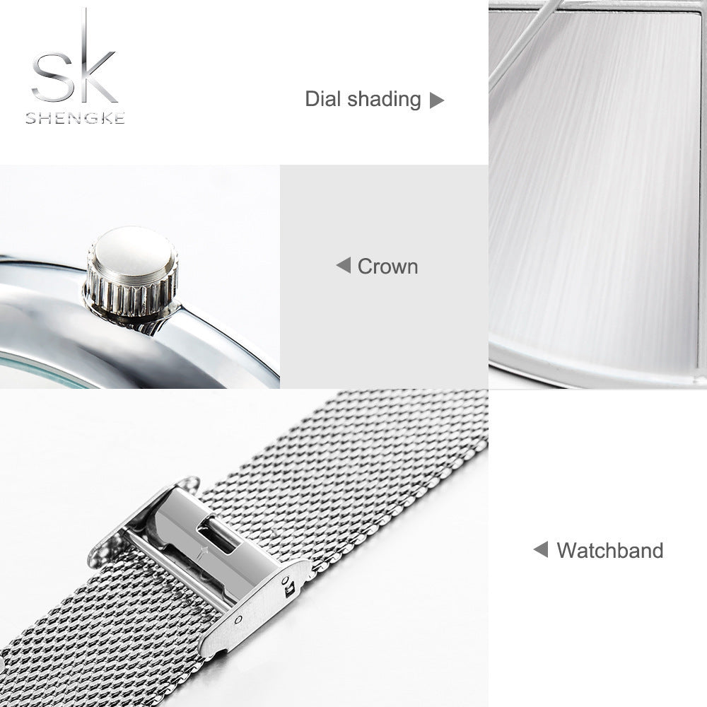 SK Women’s Quartz Watch – Stainless Steel Mesh Strap, Waterproof Fashion Wristwatch