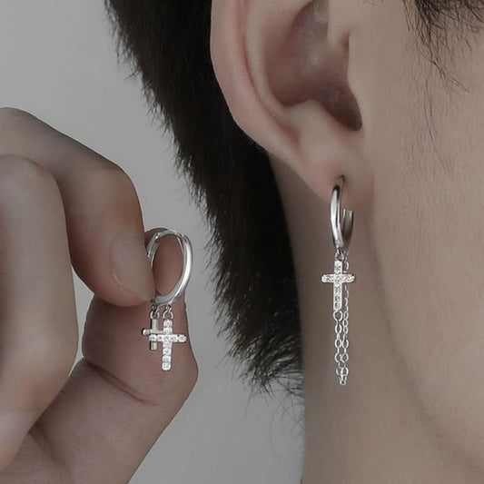 Men’s Stylish Cross Chain Earrings with Tassels – Hip-Hop Diamond Stud