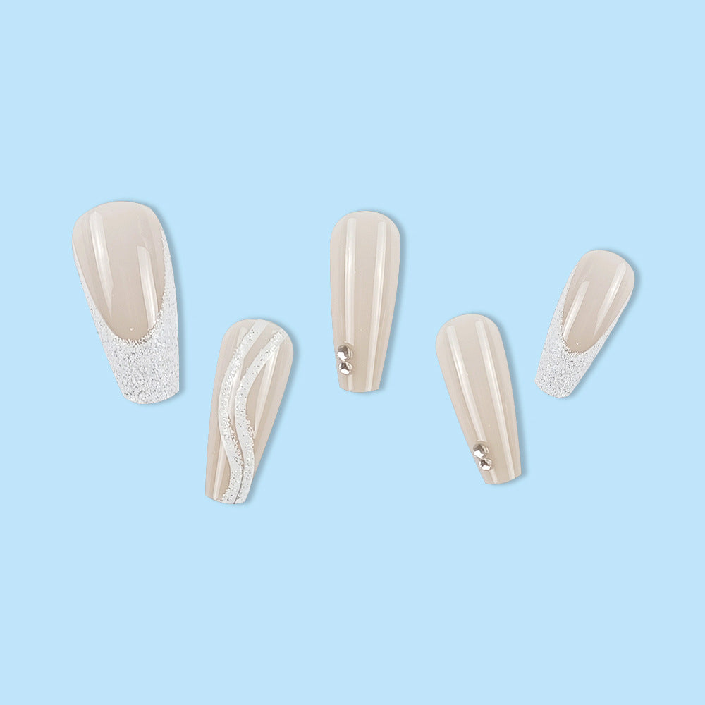 Sparkly French Press-On Nails – Medium Square Nude & White with Glitter Swirls