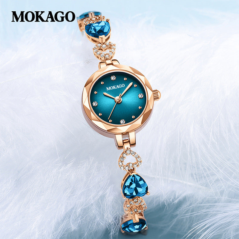Mokago Women’s Crystal Bracelet Watch – Heart-Shaped Blue Dial, Waterproof Timepiece