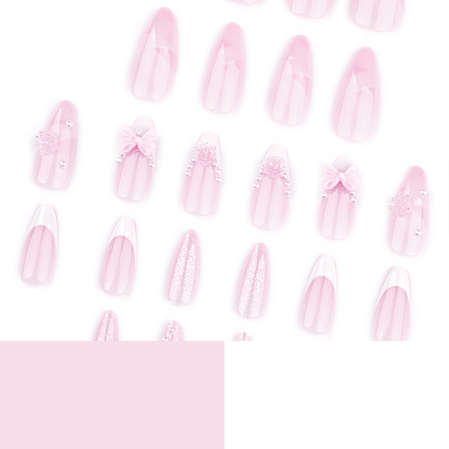 Romantic French Almond Press-On Nails with 3D Bows & Floral Art – Elegant Acrylic Set