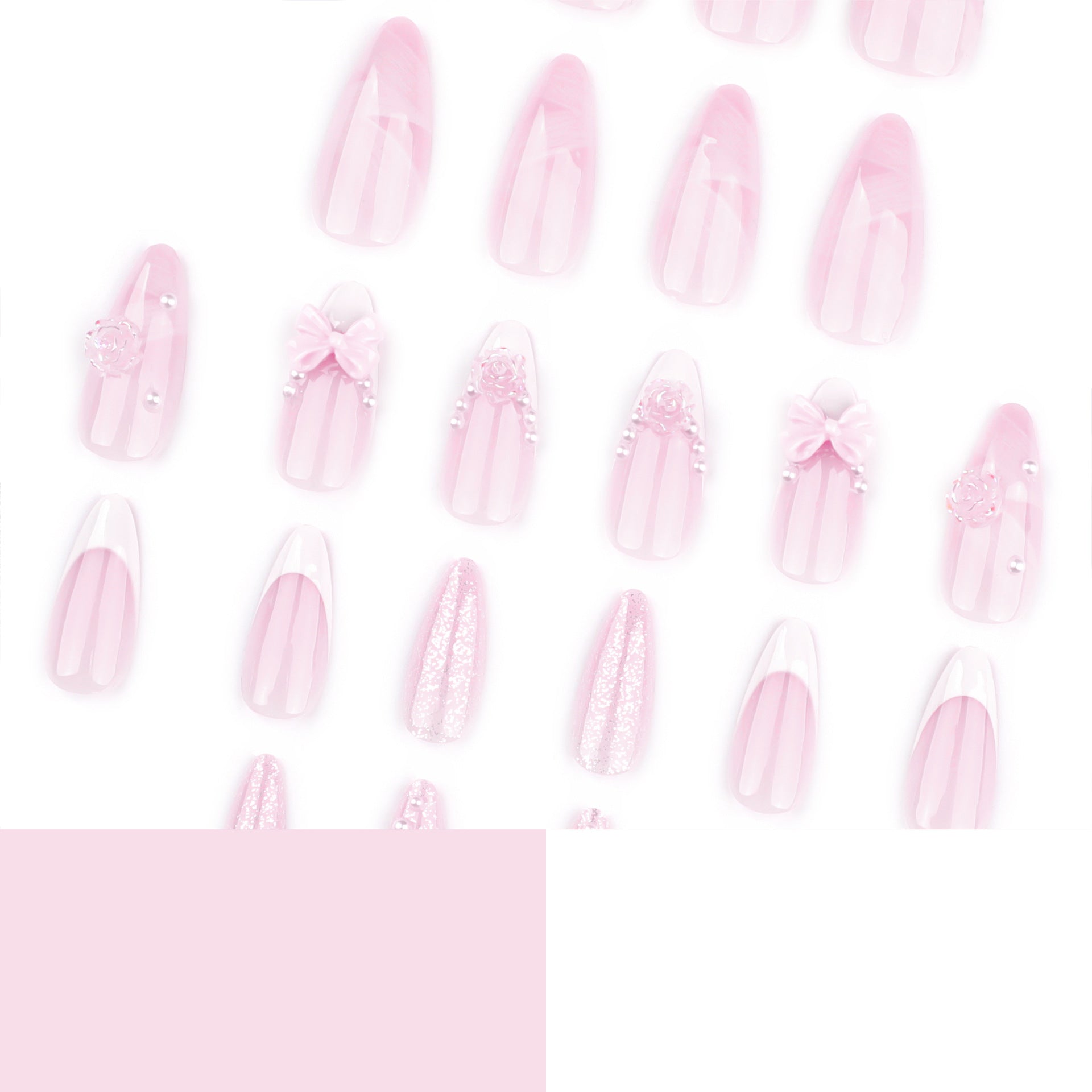 Romantic French Almond Press-On Nails with 3D Bows & Floral Art – Elegant Acrylic Set