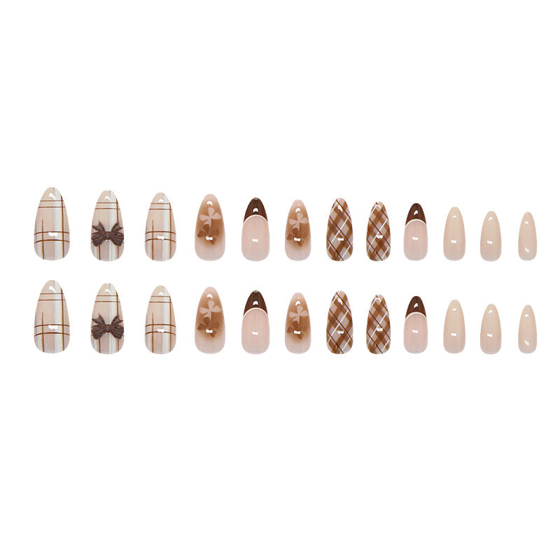 Fashionable Plaid Press-On Nails with Bow Design, Long Stiletto Acrylic Glue-On Set