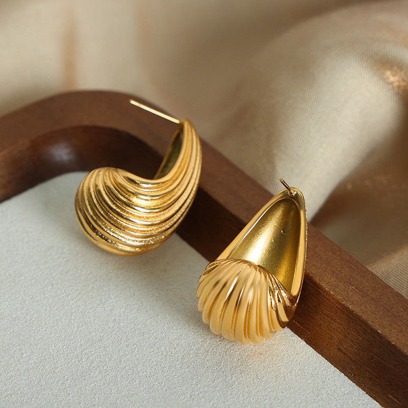 Shell Drop Stud Earrings – Vintage Ribbed Design, Titanium Steel Jewelry