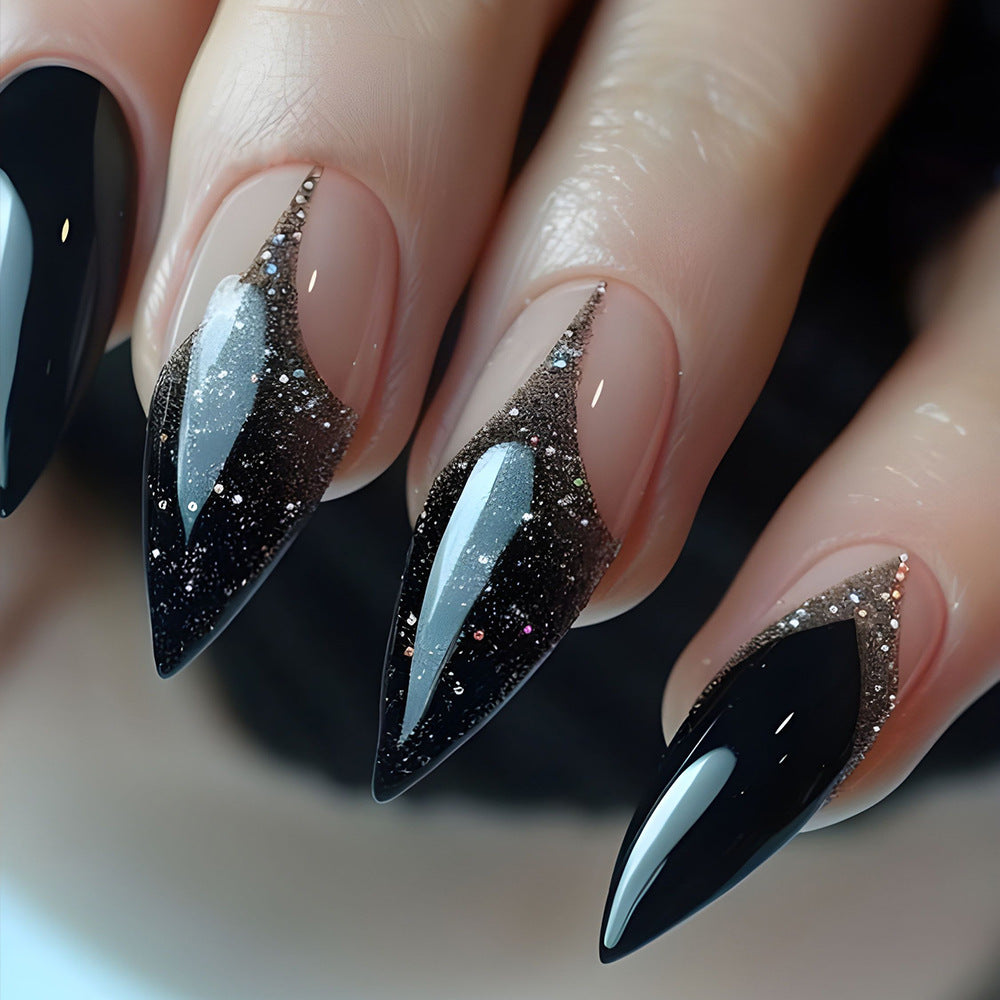 Black French Glitter Press-On Nails – Long Stiletto Acrylic Gradient Tips