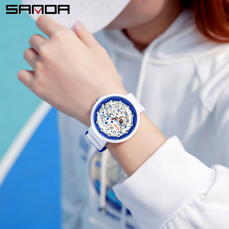 Sanda Men's Electronic Watch – Hollow Dial, Silicone Strap, Waterproof Shockproof