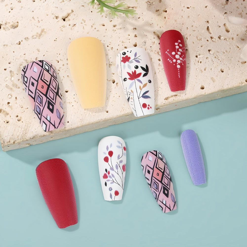 Long Coffin Press-On Nails – Matte Floral & Geometric Acrylic Nail Art Set