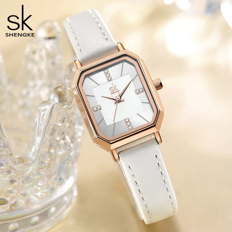 SK Women’s Square Dial Quartz Watch – Retro Diamond Accent, Waterproof Fashion Strap