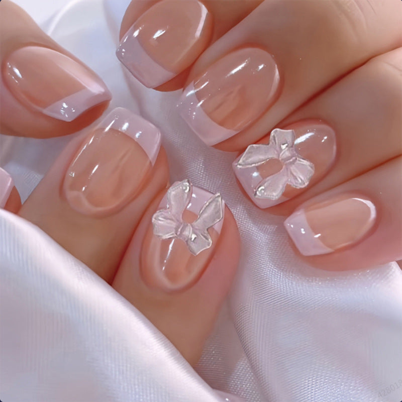 Cute French Tip Press-On Nails – Square Nude with Pink 3D Bow, Acrylic False Nails