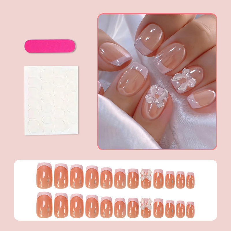 Cute French Tip Press-On Nails – Square Nude with Pink 3D Bow, Acrylic False Nails