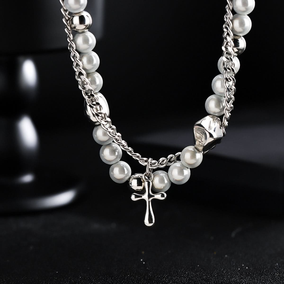 Men’s Trendy Pearl Cross Necklace – Layered Jewelry