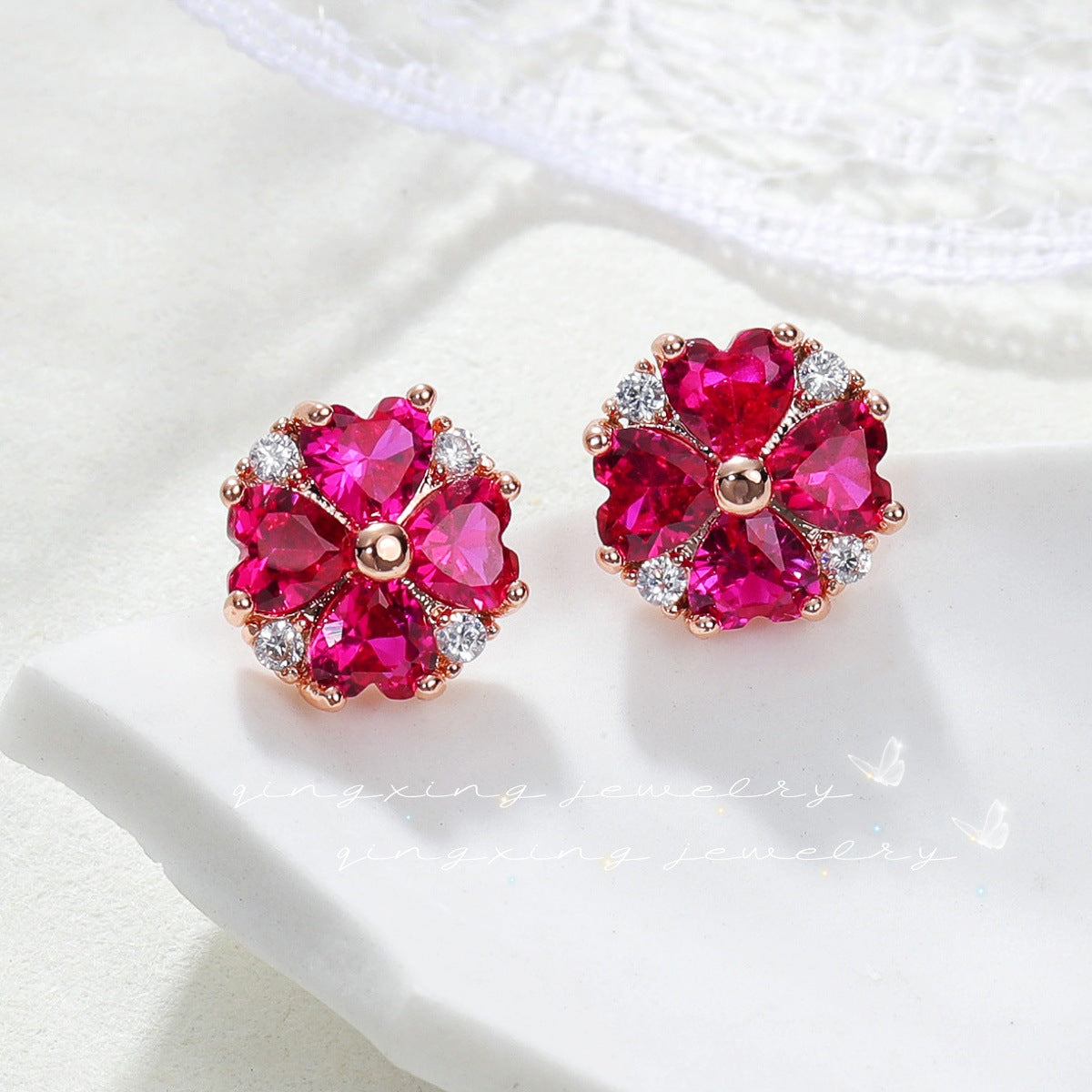 Red Corundum Heart Star Earrings – Luxury Korean Style Women’s Jewelry
