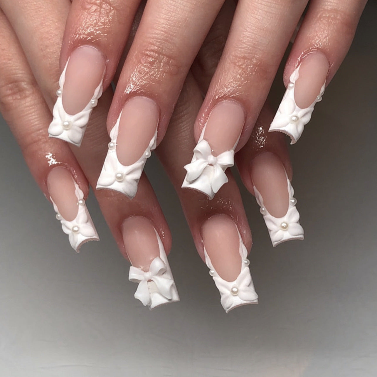 Long Coffin Luxe Bridal Press-On Nails – Nude White with 3D Bows & Pearl Accents