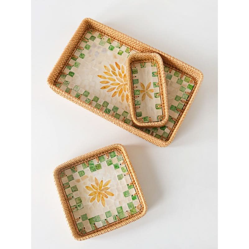 Natural Rattan Shell Tray Set - 3-Piece Square Fruit & Snack Storage