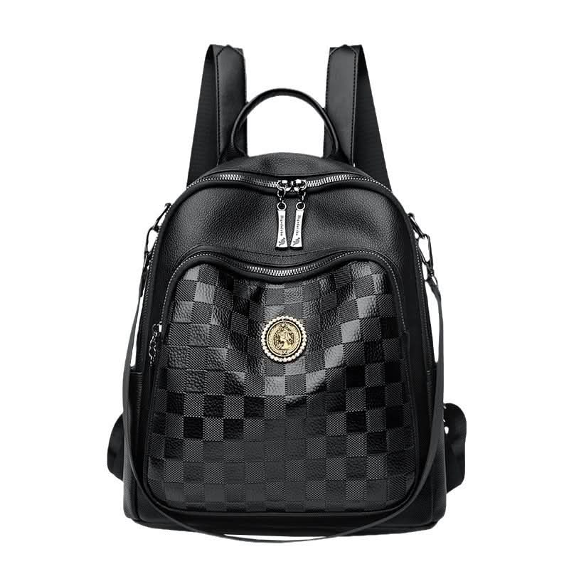Women's Checkerboard PU Leather Backpack – With Multi-Pocket Design