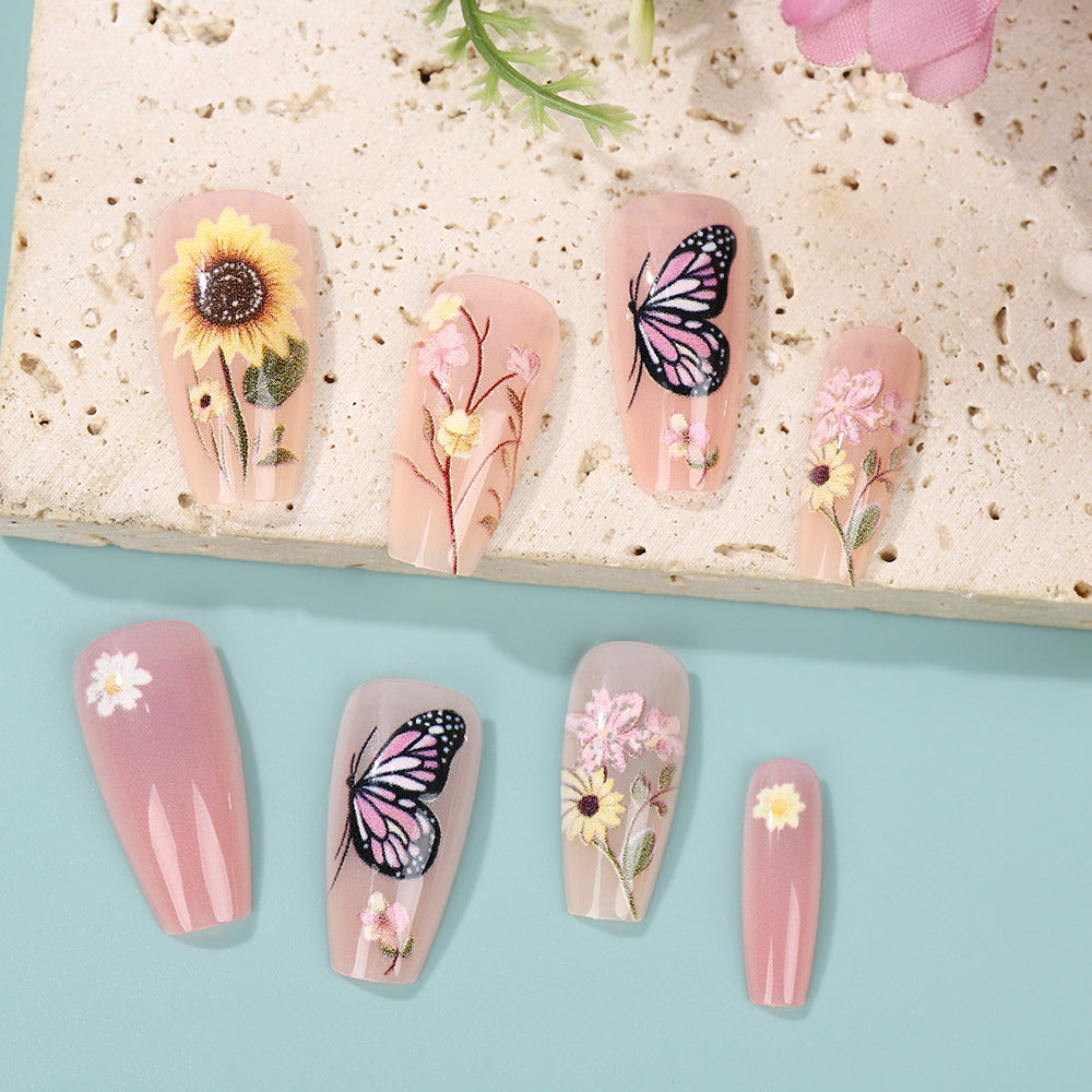 Long Coffin Press-On Nails with Butterfly & Sunflower Design – Floral Acrylic Fake Nails