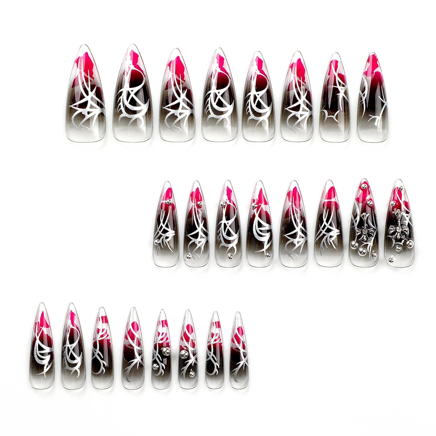 Gothic Chrome Stiletto Press-on Nails – Long Black Burgundy 3D Stud Design