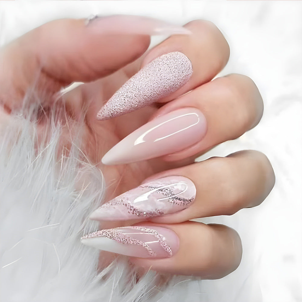Glam Glitter Stiletto Press-On Nails – Long Pink & White Acrylic with Marble Gradient