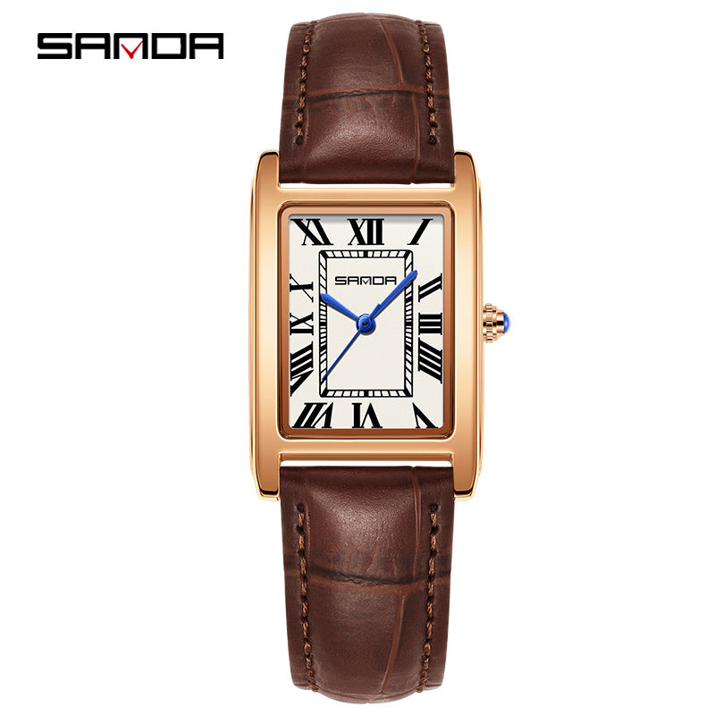 SANDA Retro Square Quartz Watch – Leather Strap Casual Watch for Men & Women